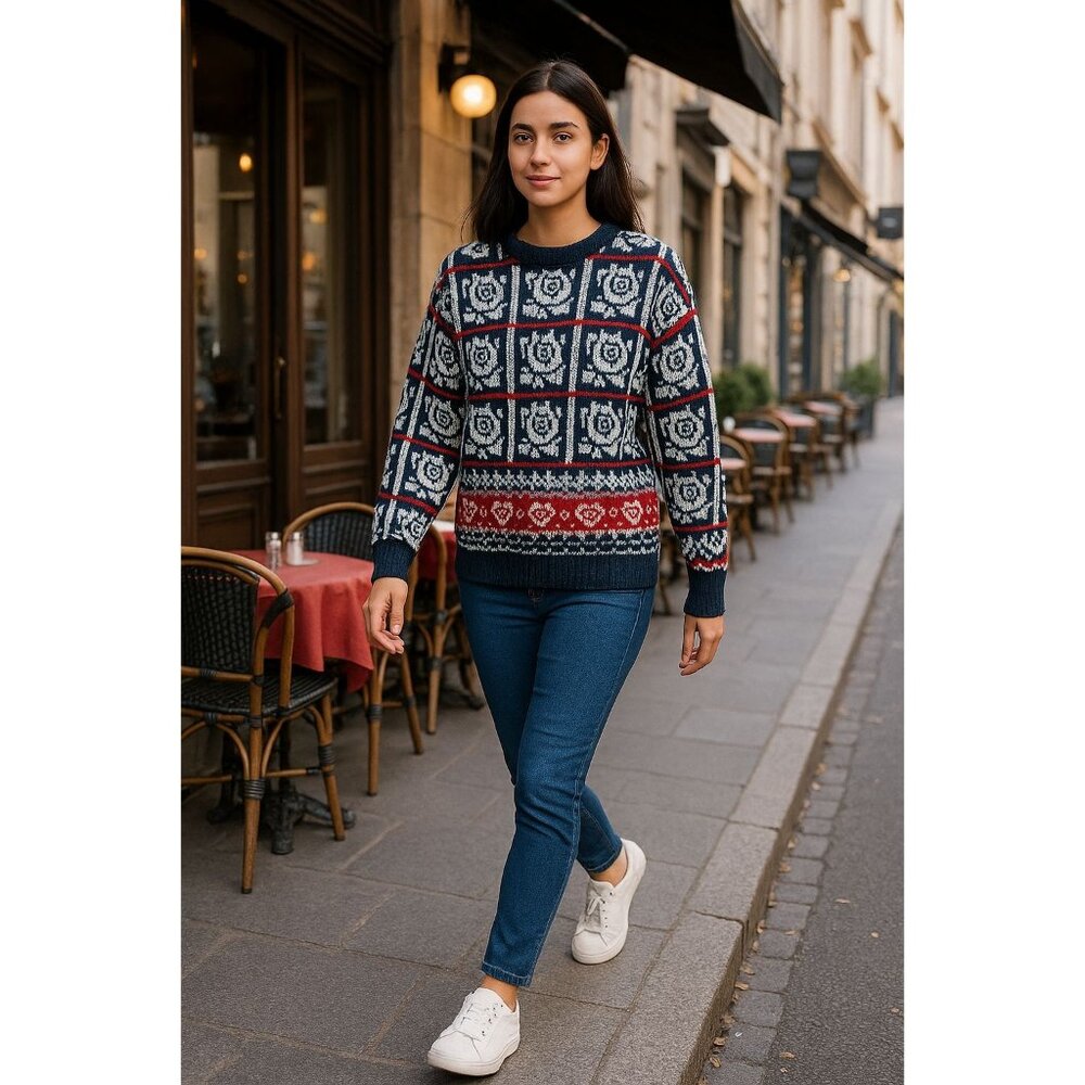 Vintage HOT CASHEWS Sweater L ARGE Roses Hearts Pattern Nordic 80s 90s